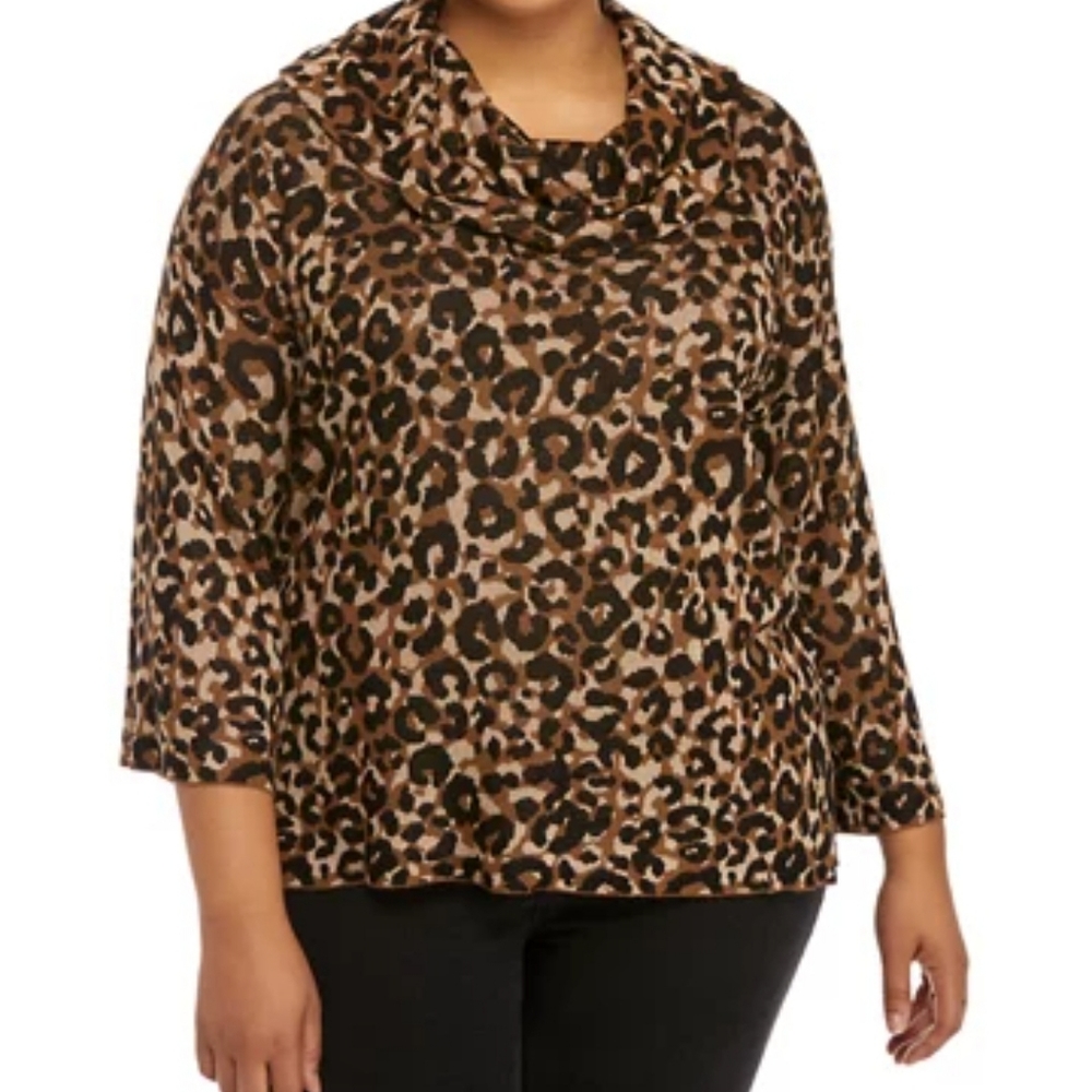 Ruby Rd Plus Cowl Neck Leopard Sweater
